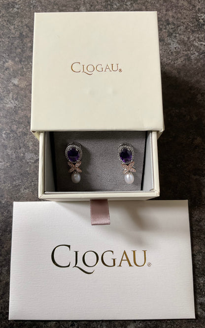 Clogau Superbloom Amethyst Pearl drop earrings in silver and rose gold New!