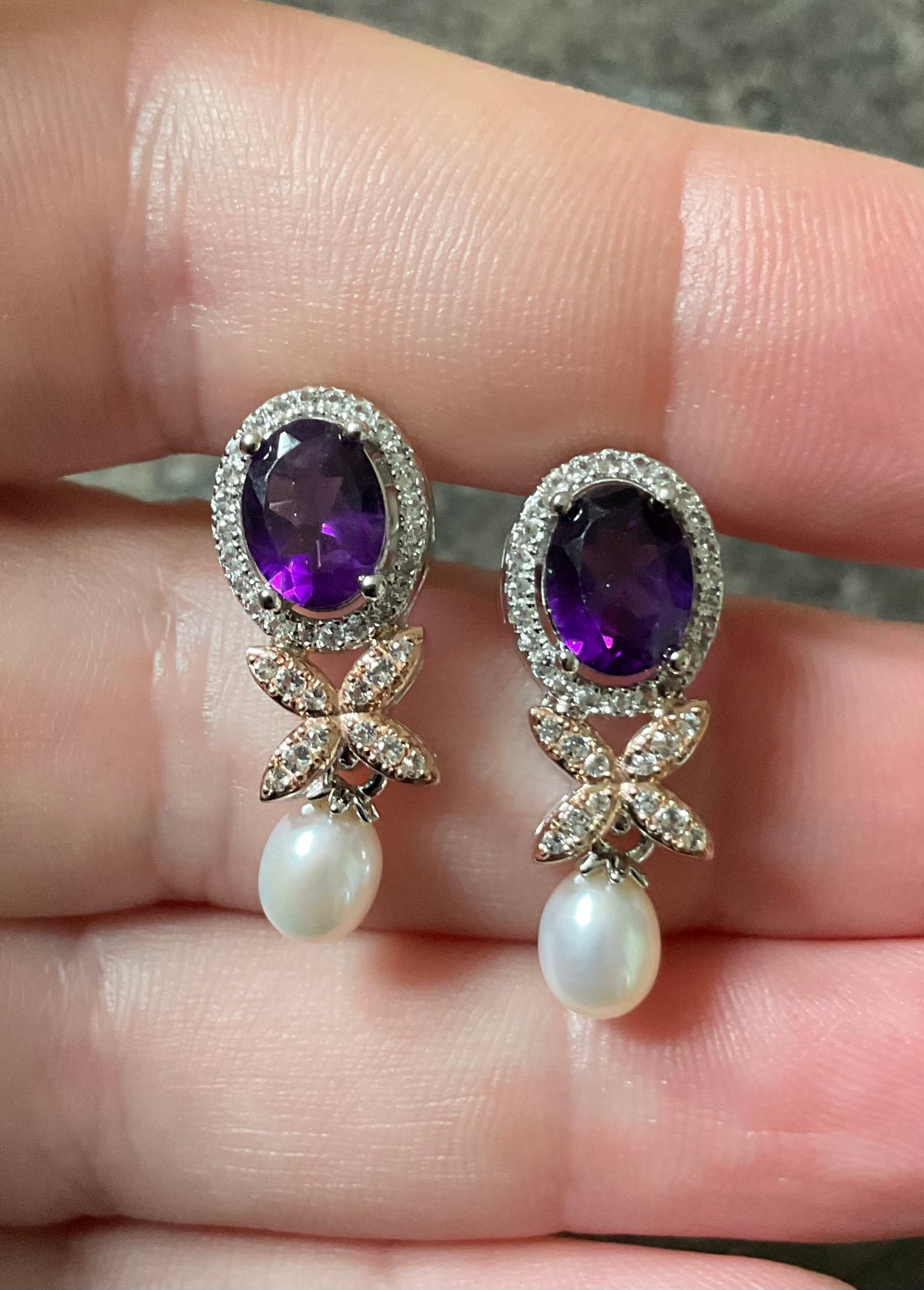 Clogau Superbloom Amethyst Pearl drop earrings in silver and rose gold New!
