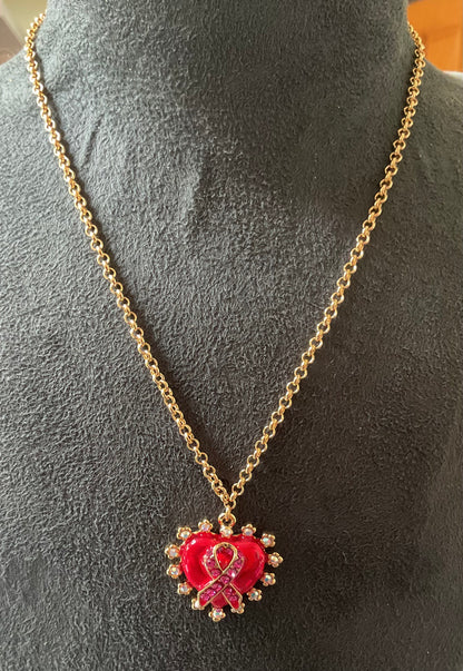 Butler and Wilson Red enamel heart with pink crystal ribbon necklace in yellow gold tone