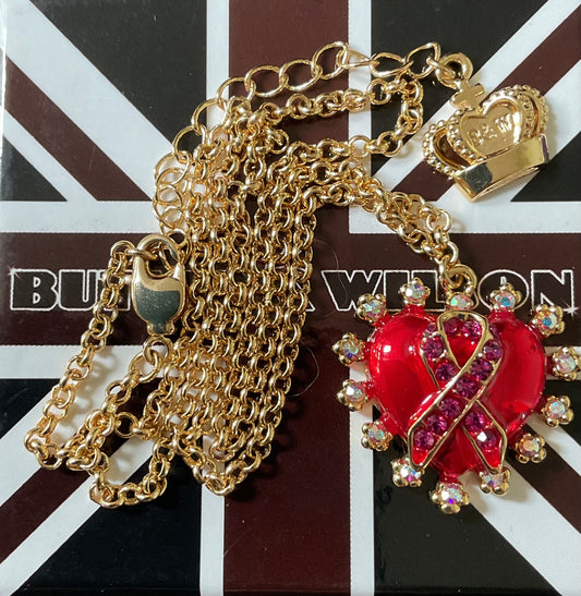 Butler and Wilson Red enamel heart with pink crystal ribbon necklace in yellow gold tone