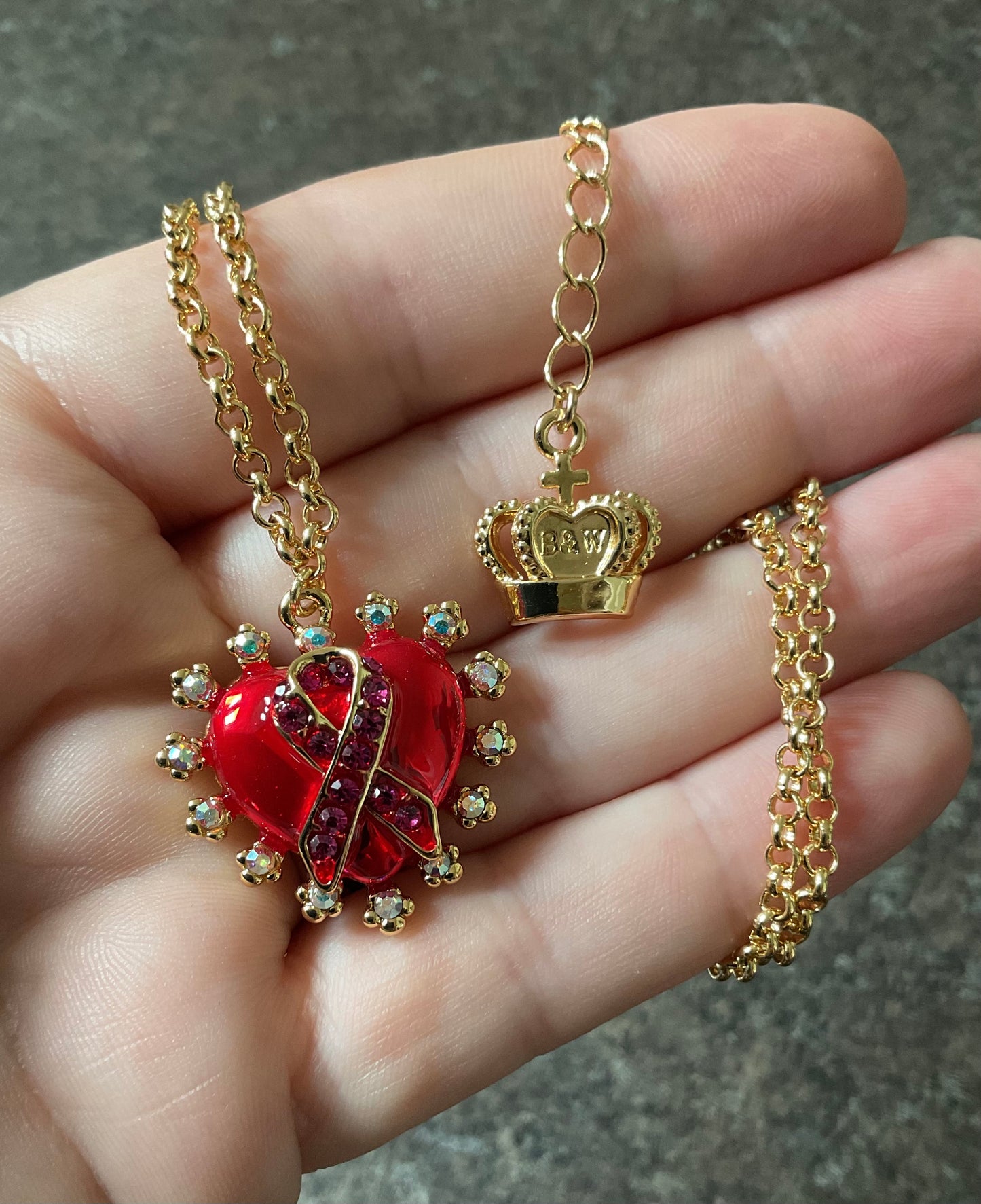 Butler and Wilson Red enamel heart with pink crystal ribbon necklace in yellow gold tone