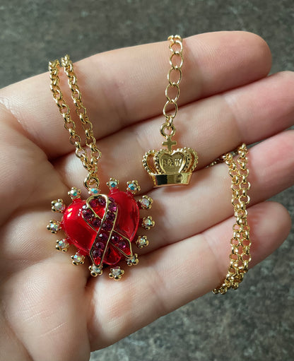 Butler and Wilson Red enamel heart with pink crystal ribbon necklace in yellow gold tone