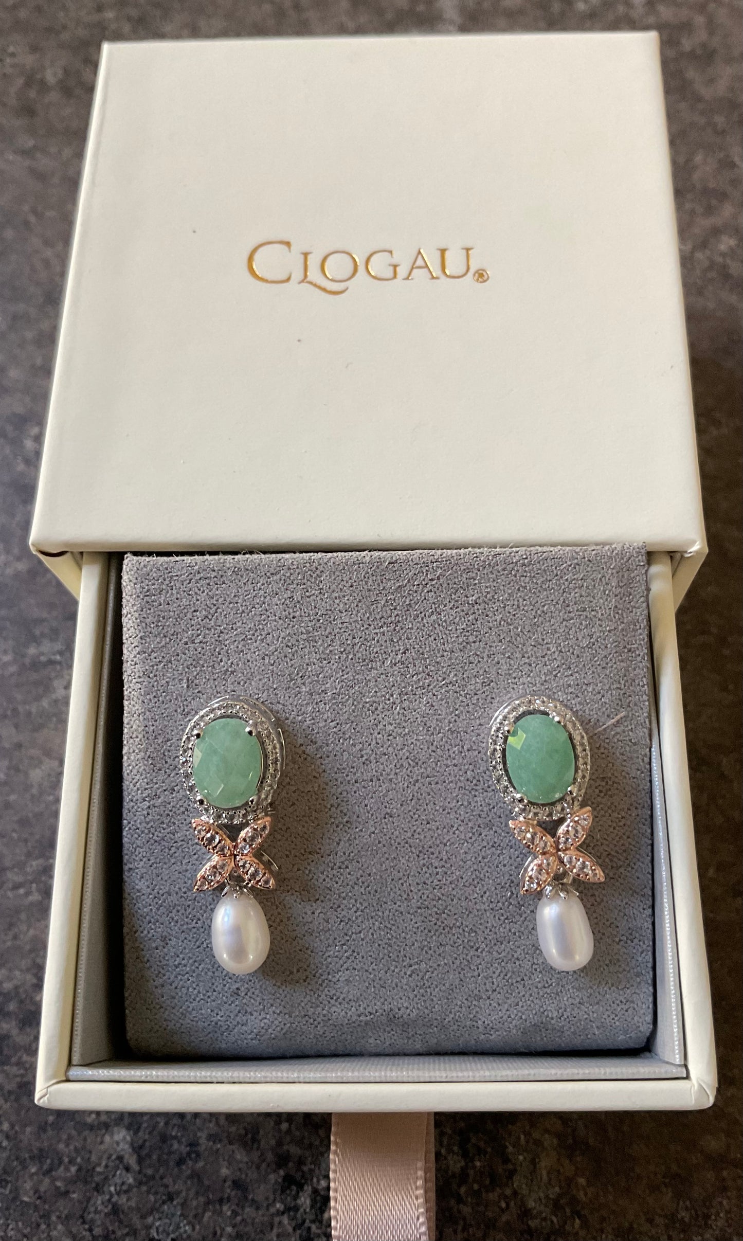 SUPERBLOOM Clogau Aventurine and Pearl drop earrings with white topaz in silver and rose gold