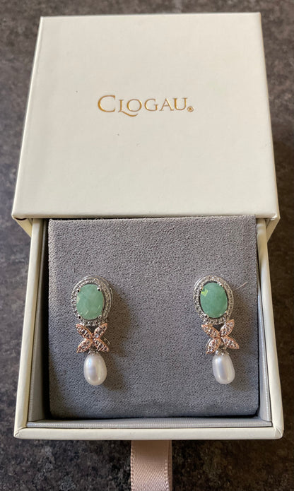 SUPERBLOOM Clogau Aventurine and Pearl drop earrings with white topaz in silver and rose gold
