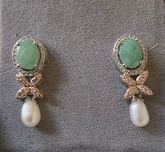 SUPERBLOM Clogau Aventurine and Pearl drop earrings with white topaz in silver and rose gold