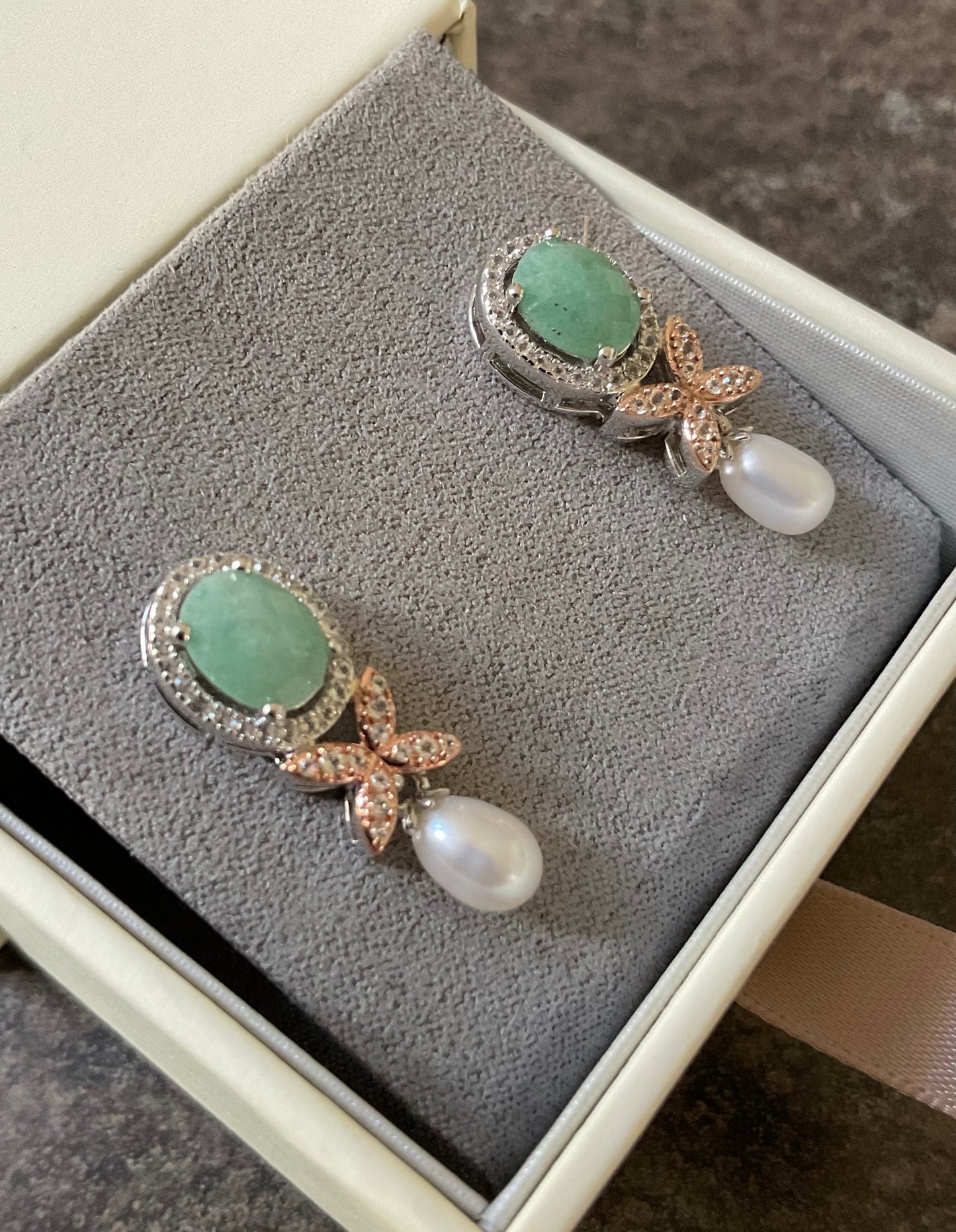 SUPERBLOOM Clogau Aventurine and Pearl drop earrings with white topaz in silver and rose gold