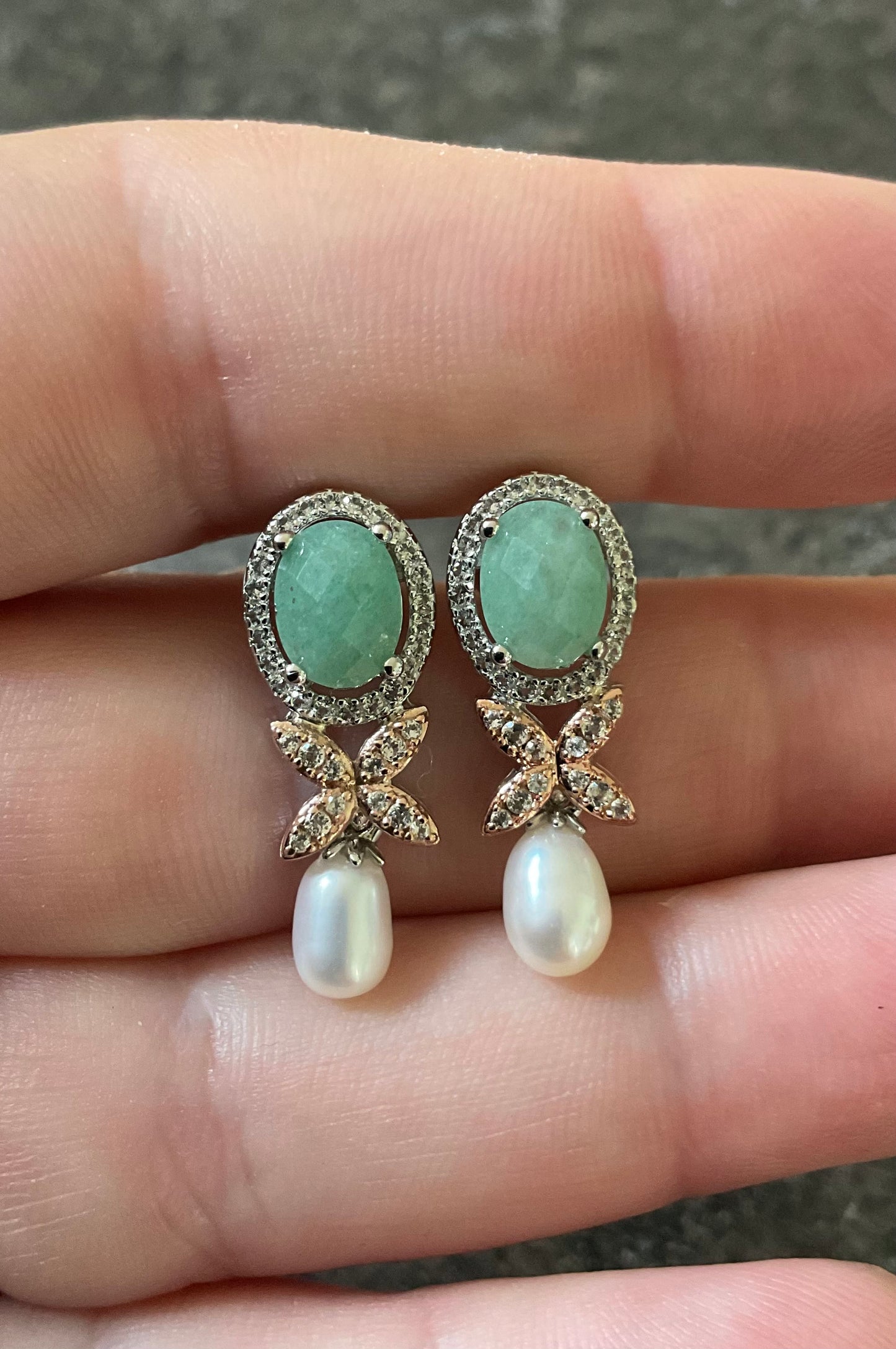 SUPERBLOOM Clogau Aventurine and Pearl drop earrings with white topaz in silver and rose gold