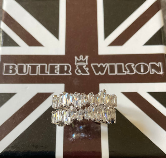 Butler and Wilson adjustable Double Row Baguette cut Crystal ring in silver tone in box