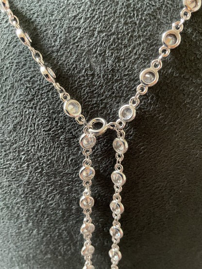 Butler and Wilson Faux Baroque Pearl Lariat necklace in silver tone with bezel set crystals