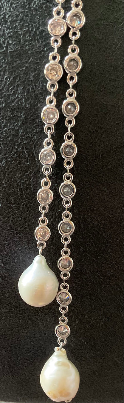 Butler and Wilson Faux Baroque Pearl Lariat necklace in silver tone with bezel set crystals