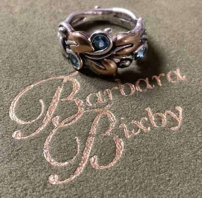 Barbara Bixby Blue Topaz 925 & 18K gold vine leaf ring size O 6.5g Original Box
