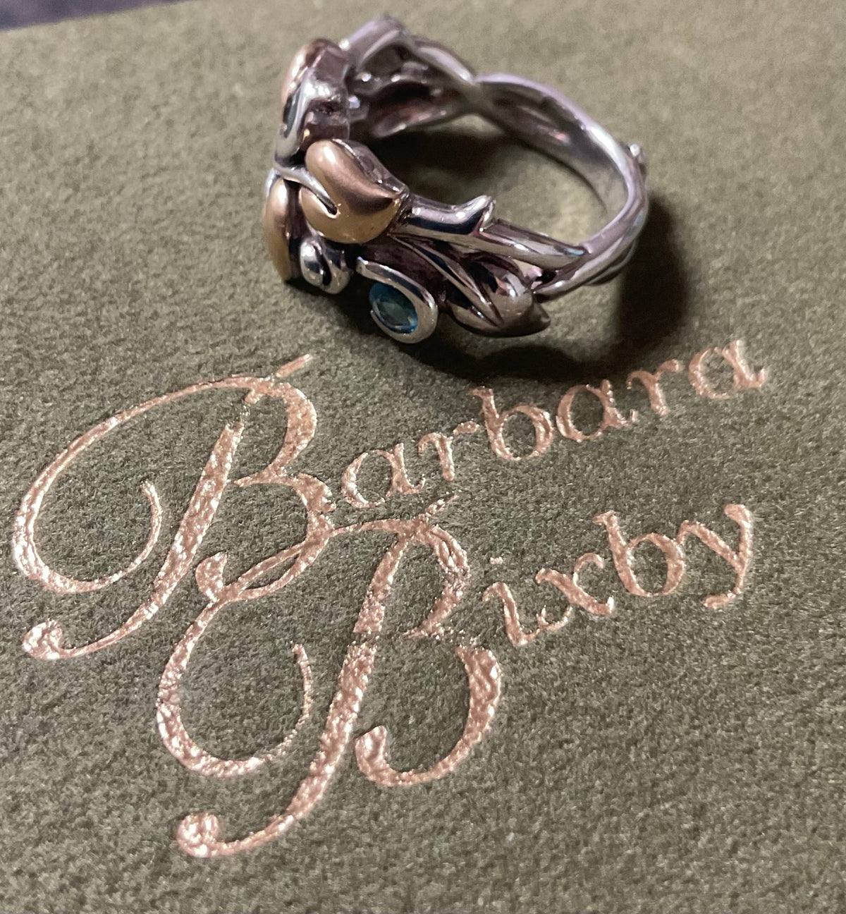 Barbara Bixby Blue Topaz 925 & 18K gold vine leaf ring size O 6.5g Original Box