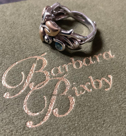 Barbara Bixby Blue Topaz 925 & 18K gold vine leaf ring size O 6.5g Original Box