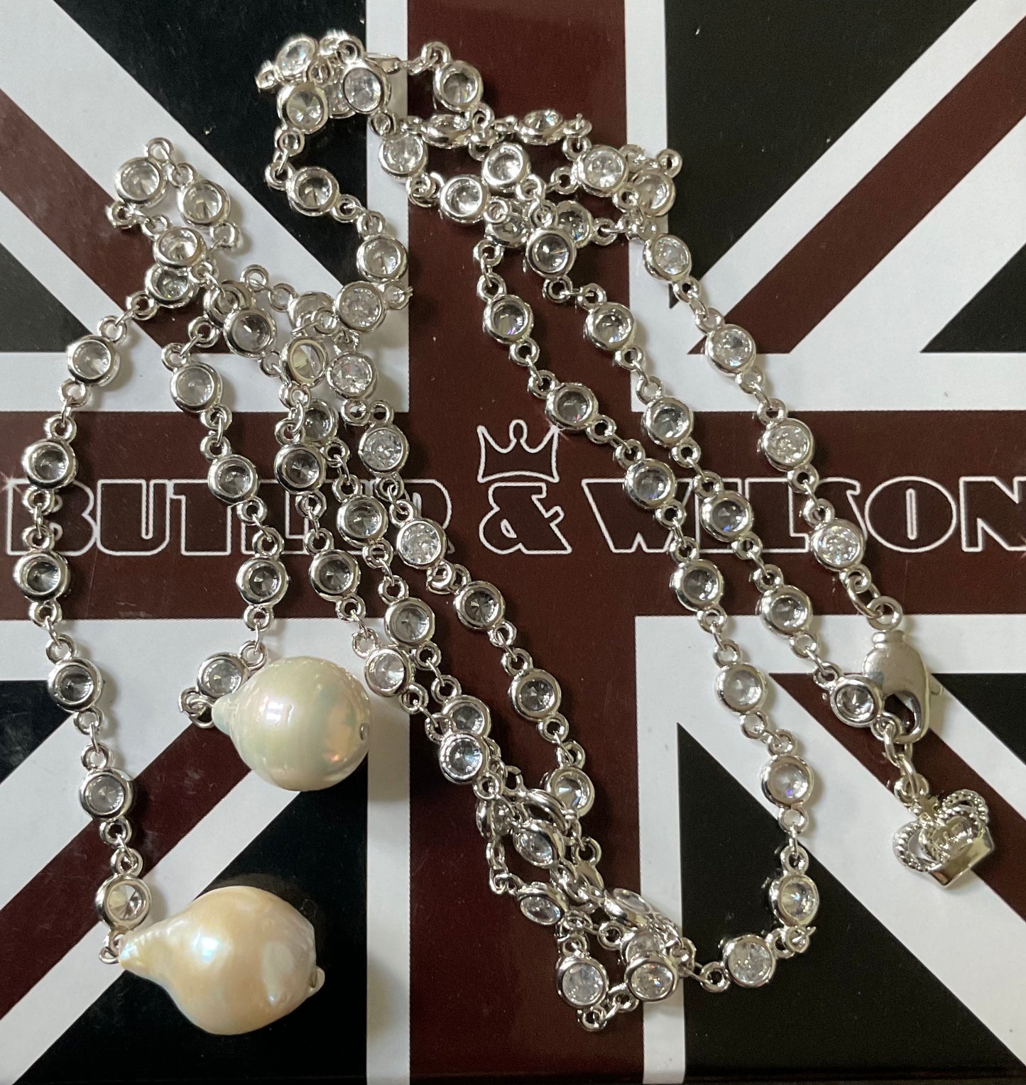 Butler and Wilson Faux Baroque Pearl Lariat necklace in silver tone with bezel set crystals