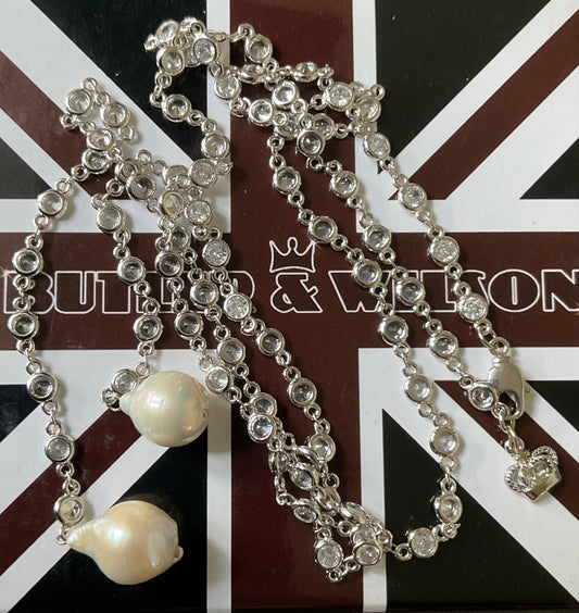 Butler and Wilson Faux Baroque Pearl Lariat necklace in silver tone with bezel set crystals