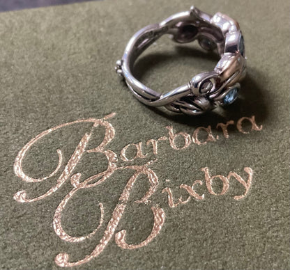Barbara Bixby Blue Topaz 925 & 18K gold vine leaf ring size O 6.5g Original Box