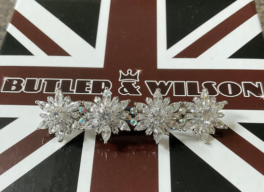 Butler and Wilson Crystal Floral Cluster Hair Clip jewellery in silver tone with Butler and Wilson box