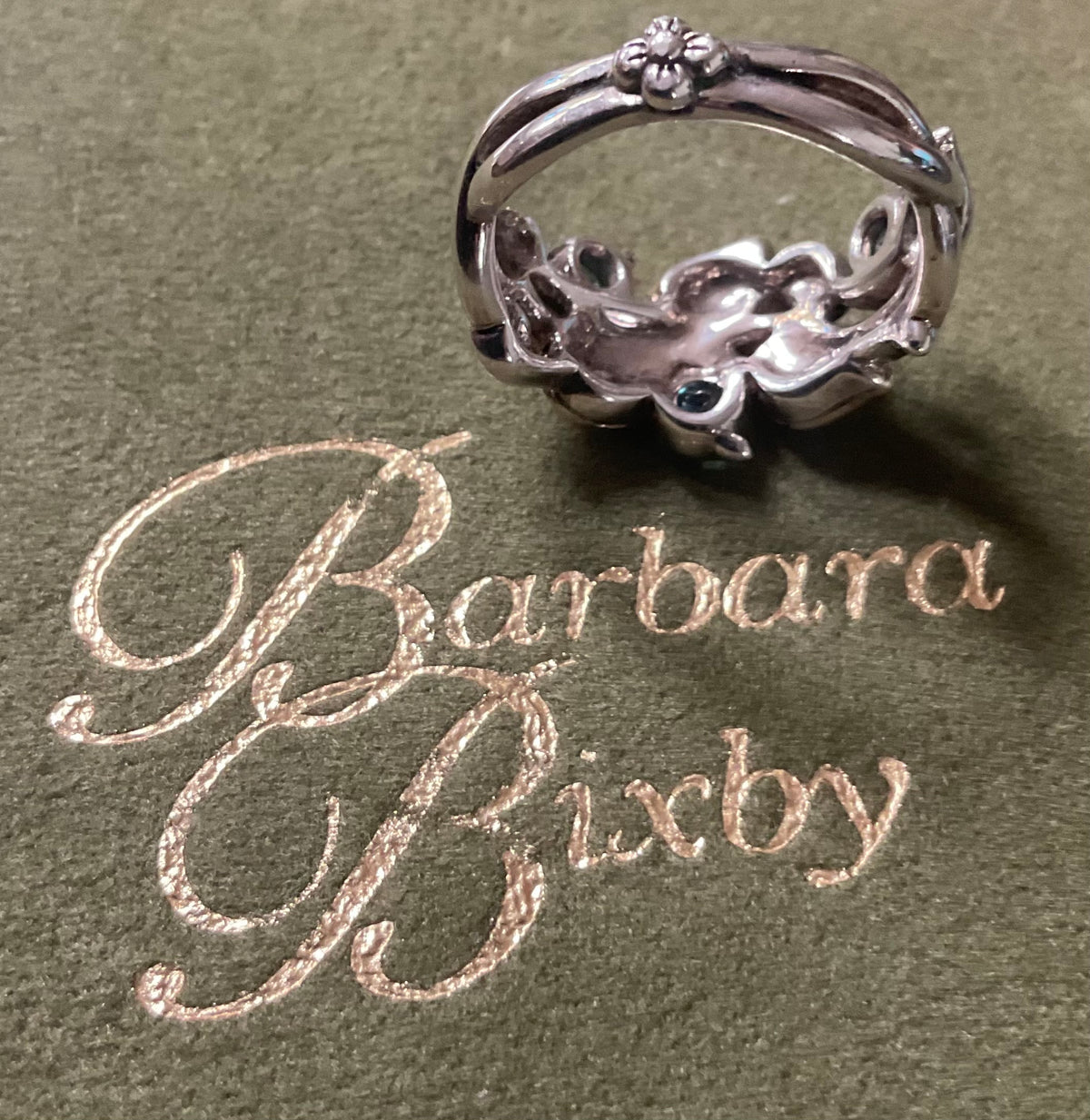 Barbara Bixby Blue Topaz 925 & 18K gold vine leaf ring size O 6.5g Original Box
