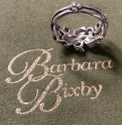 Barbara Bixby Blue Topaz 925 & 18K gold vine leaf ring size O 6.5g Original Box
