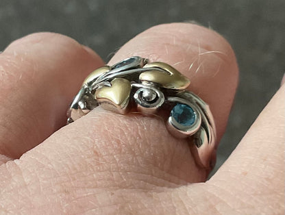 Barbara Bixby Blue Topaz 925 & 18K gold vine leaf ring size O 6.5g Original Box