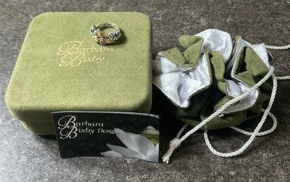 Barbara Bixby Blue Topaz 925 & 18K gold vine leaf ring size O 6.5g Original Box