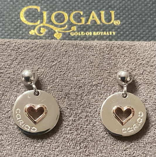 Clogau Take My Heart Cariad drop earrings in silver and rose gold