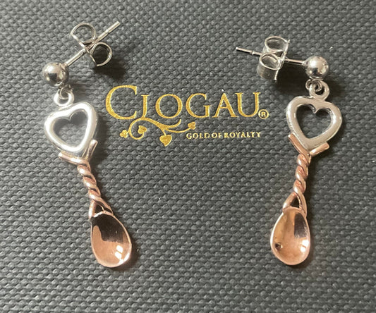 Clogau Welsh Lovespoon drop earrings in silver and rose gold 3.3cm