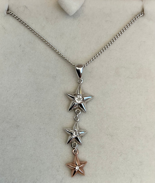 Clogau Seren Star drop pendant necklace white topaz, silver and rose gold 18”