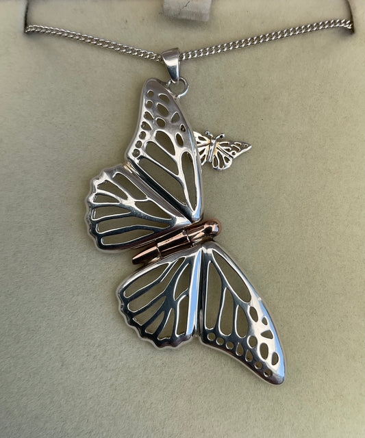 Clogau Large Butterfly Locket pendant in silver and rose gold with inner butterfly charm 18” necklace