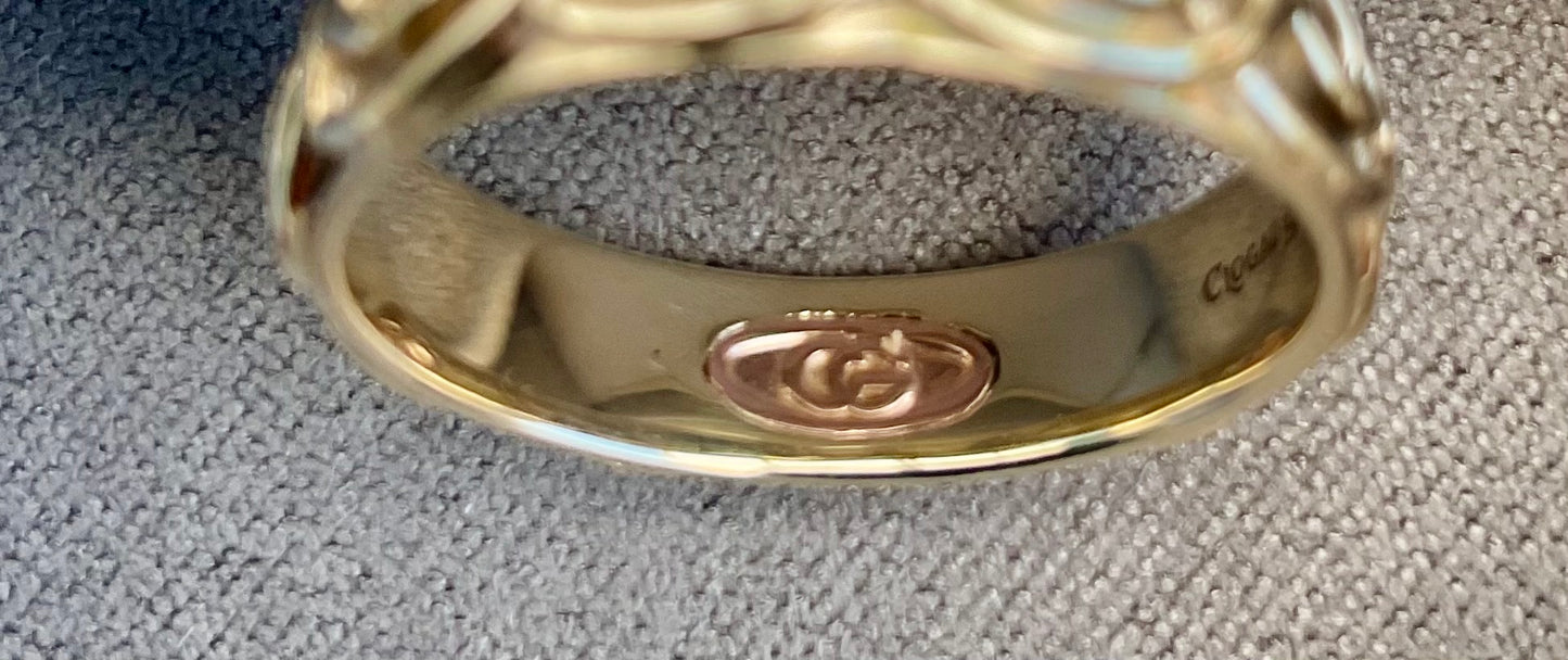Rare unisex Clogau 9ct Annwyl 5mm wedding band ring size P yellow gold band with rose gold inner insignia