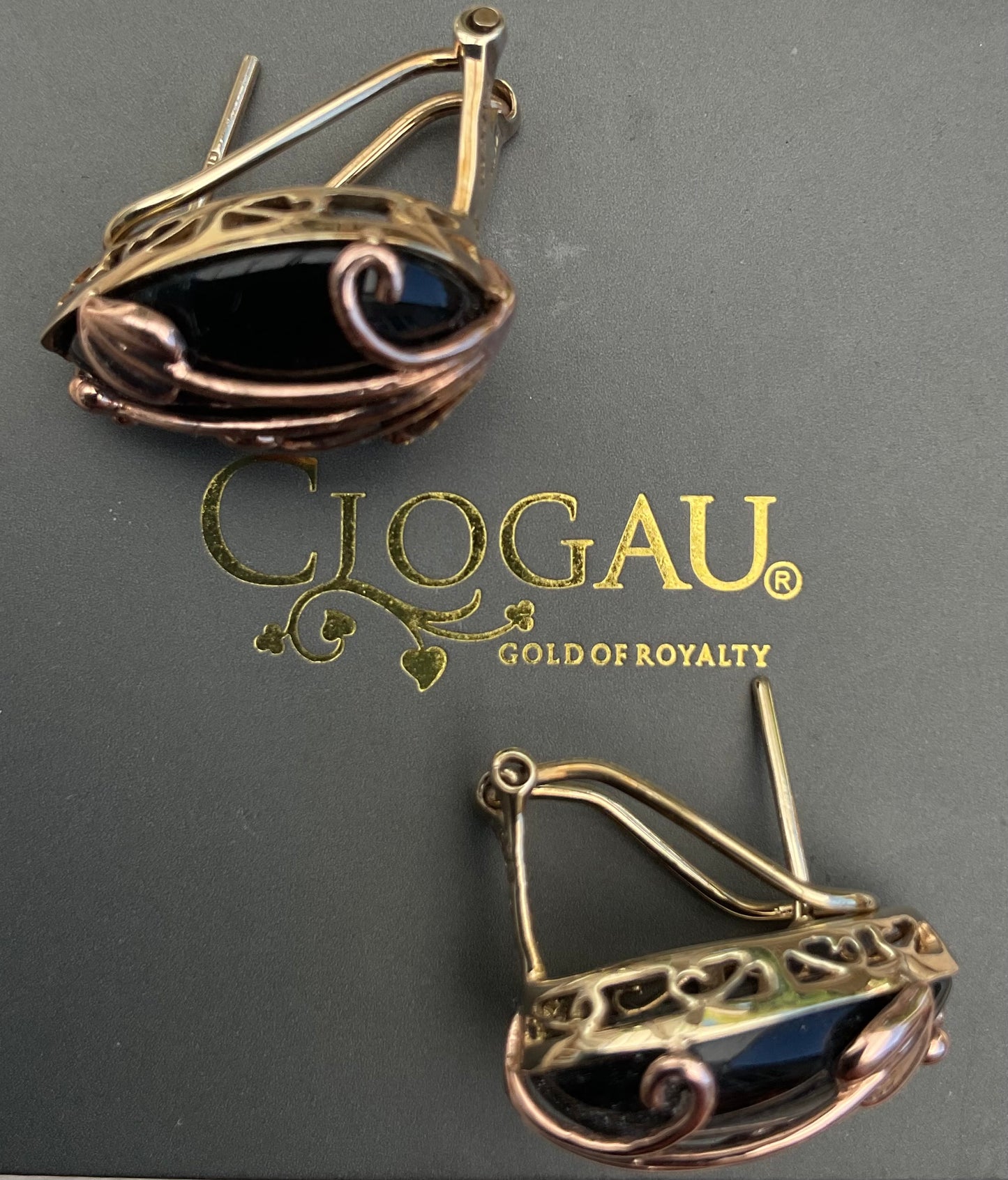 Clogau 9ct Black Onyx Nightfall stud earrings in yellow and rose gold with post and clip for pierced ears
