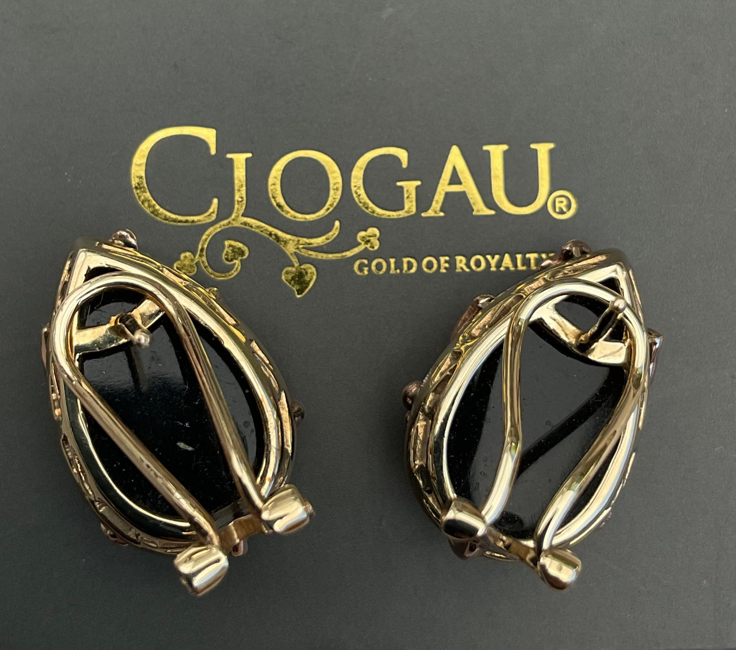 Clogau 9ct Black Onyx Nightfall stud earrings in yellow and rose gold with post and clip for pierced ears