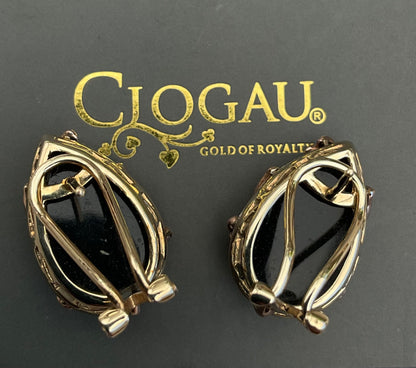Clogau 9ct Black Onyx Nightfall stud earrings in yellow and rose gold with post and clip for pierced ears