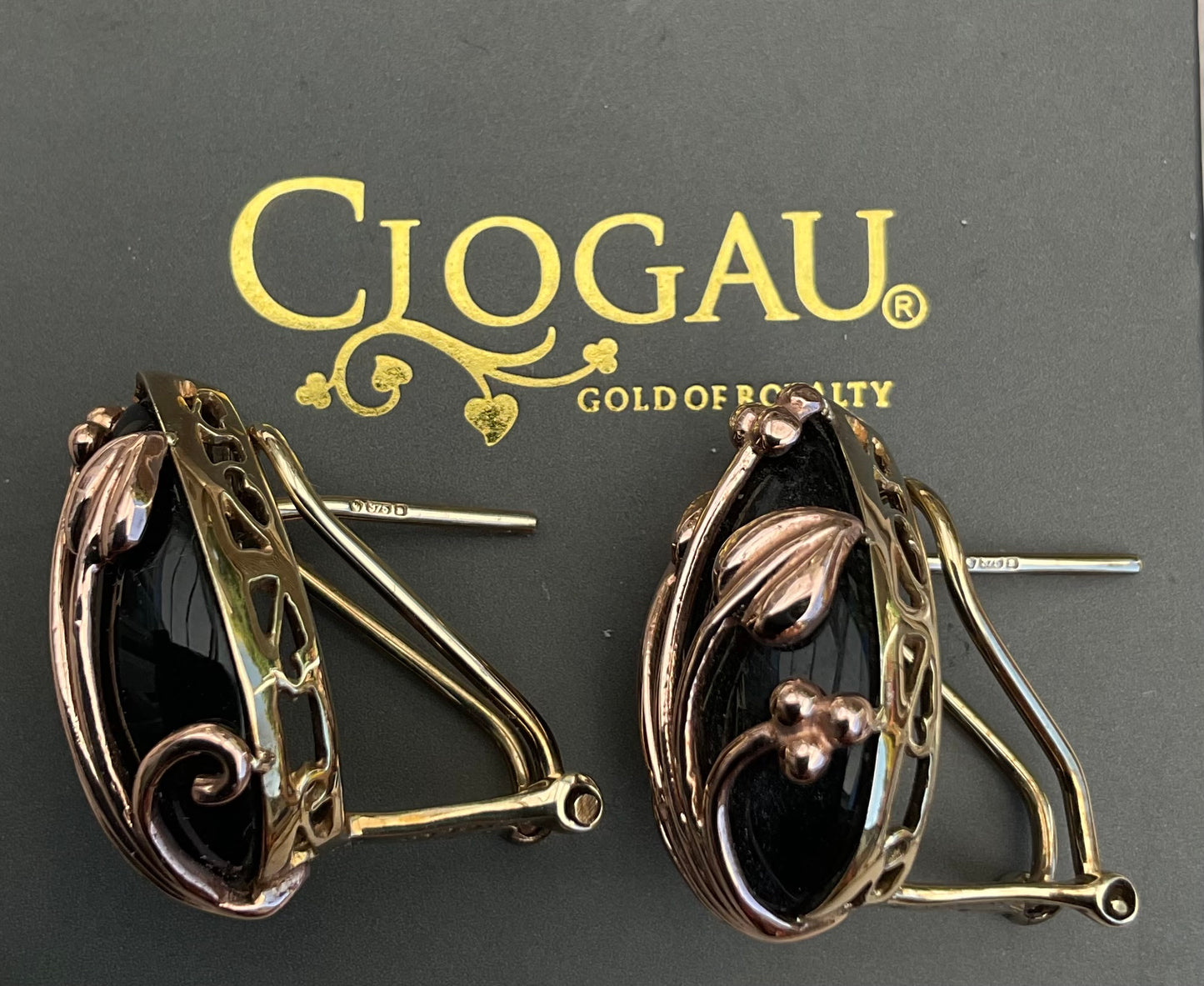 Clogau 9ct Black Onyx Nightfall stud earrings in yellow and rose gold with post and clip for pierced ears