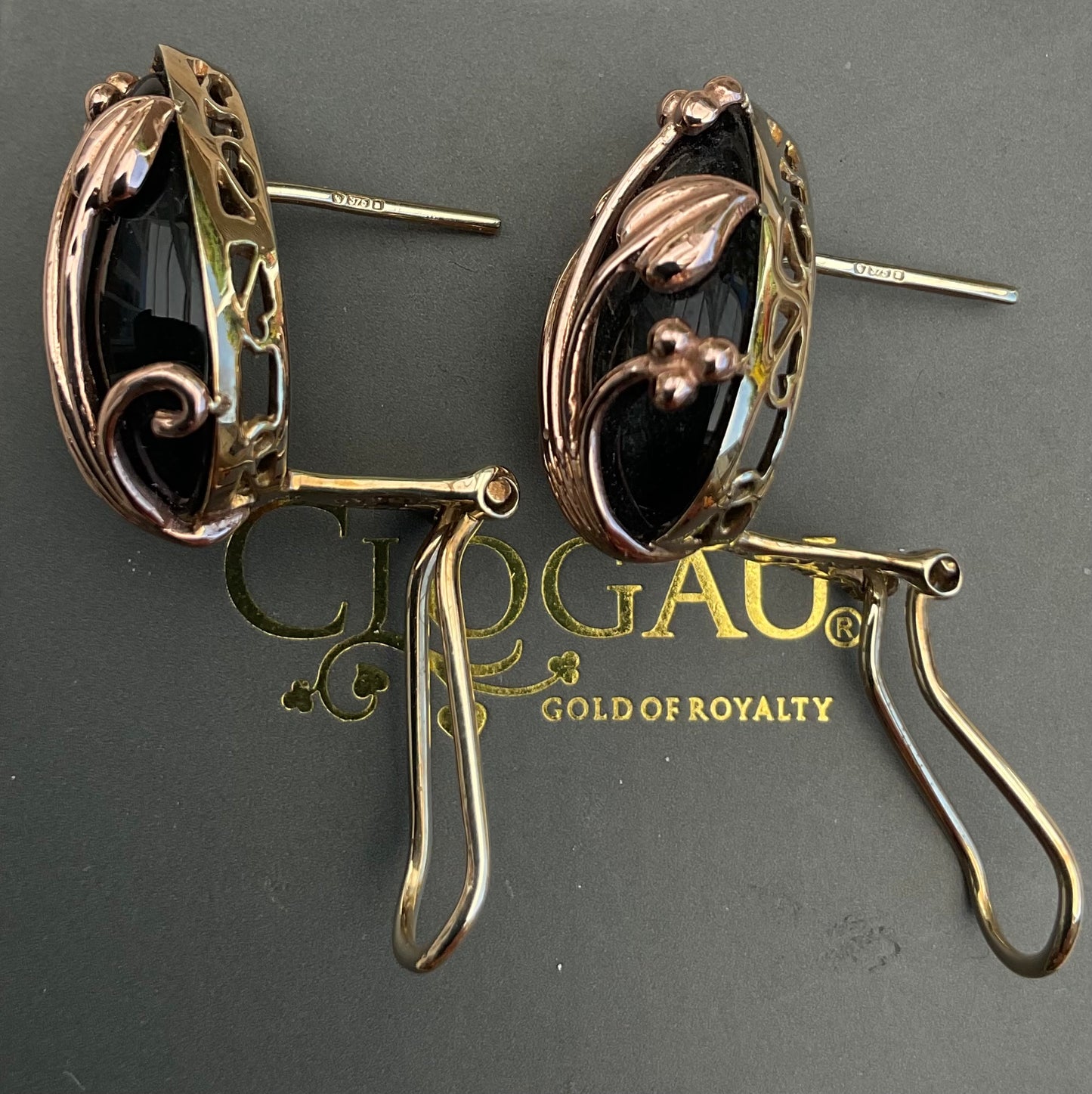 Clogau 9ct Black Onyx Nightfall stud earrings in yellow and rose gold with post and clip for pierced ears