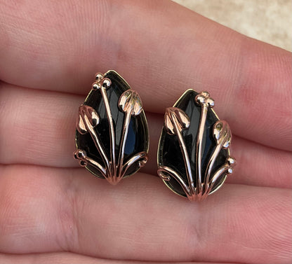 Clogau 9ct Black Onyx Nightfall stud earrings in yellow and rose gold with post and clip for pierced ears