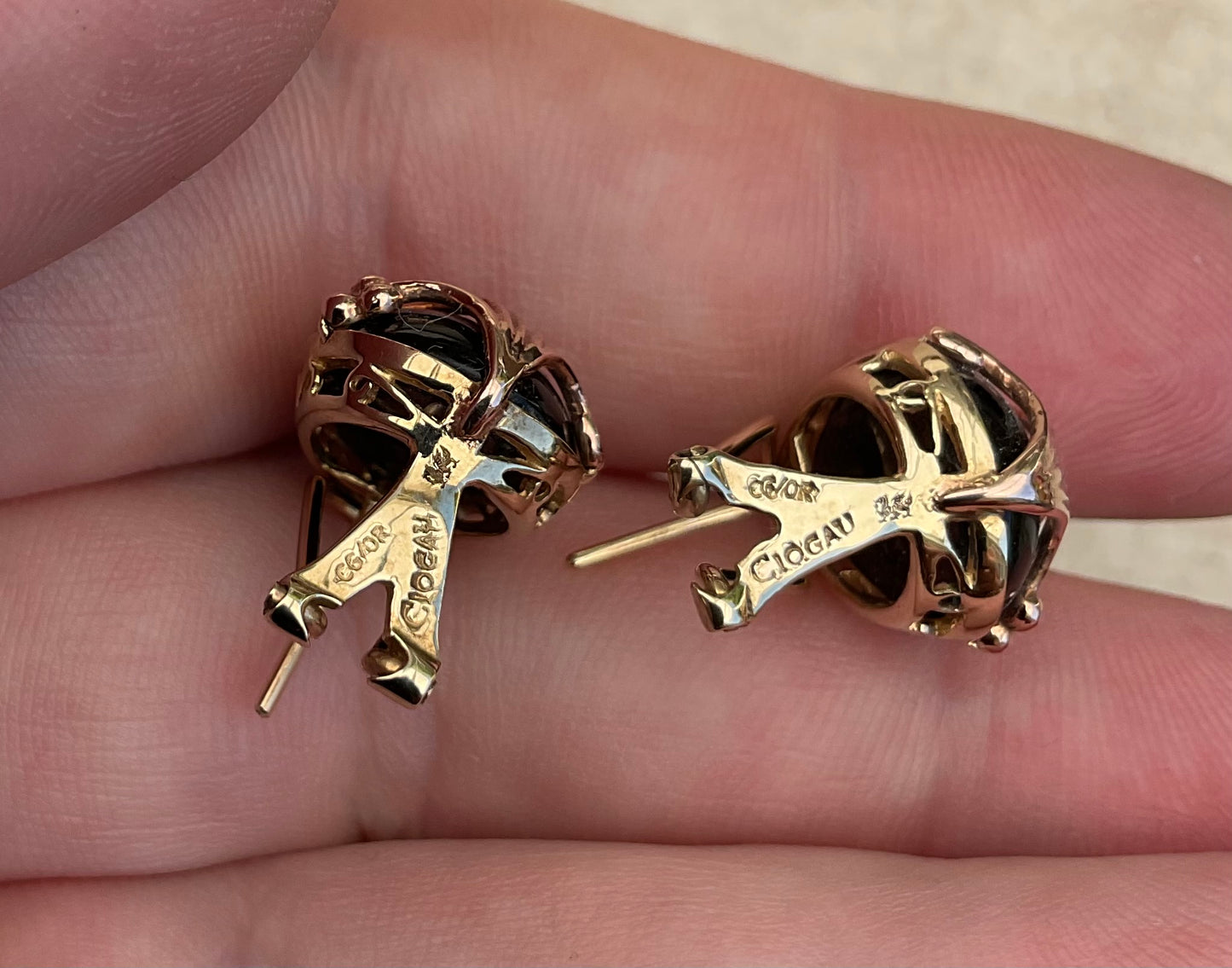 Clogau 9ct Black Onyx Nightfall stud earrings in yellow and rose gold with post and clip for pierced ears