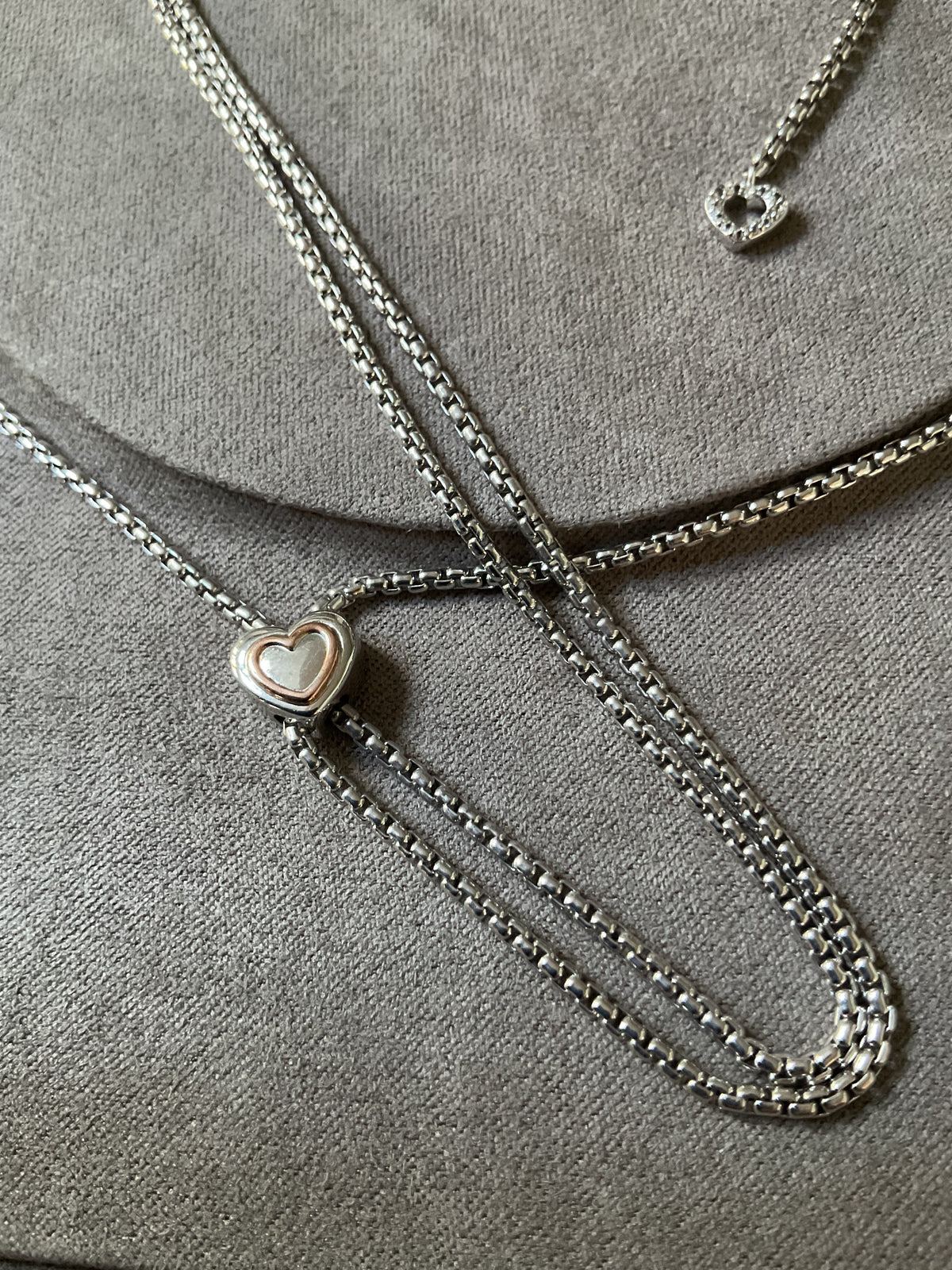 Clogau David Emanuel Heart slider lariat necklace in silver and rose gold with Swarovski crystals
