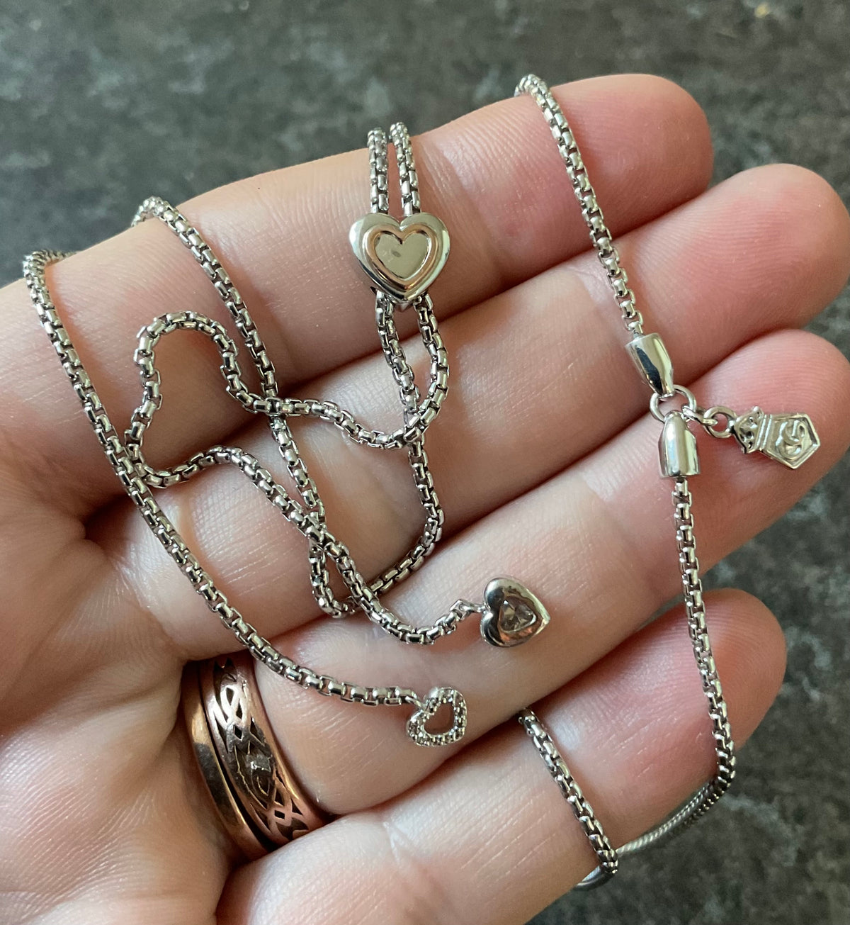 Clogau David Emanuel Heart slider lariat necklace in silver and rose gold with Swarovski crystals