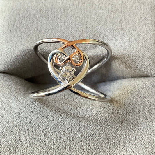 Clogau Love Knots natural zircon ring size P silver and rose gold Rare