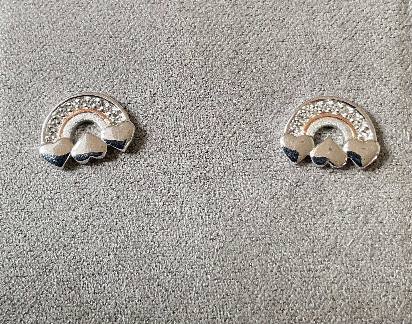 Clogau Enfys Bach Rainbow heart stud earrings white topaz silver and rose gold