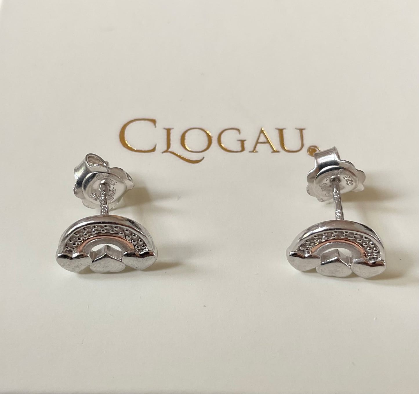 Clogau Enfys Bach Rainbow heart stud earrings white topaz silver and rose gold