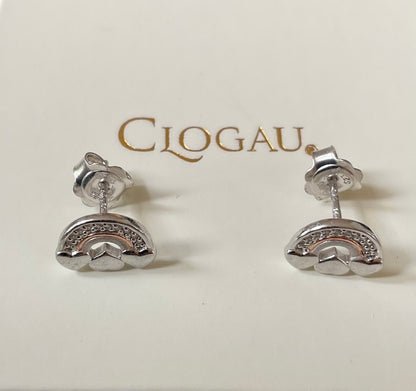 Clogau Enfys Bach Rainbow heart stud earrings white topaz silver and rose gold