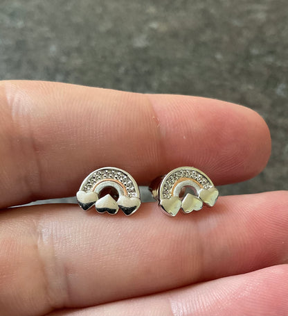 Clogau Enfys Bach Rainbow heart stud earrings white topaz silver and rose gold