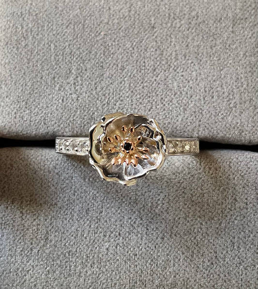 RARE Clogau Welsh Poppy black onyx and white topaz ring size P silver and rose gold