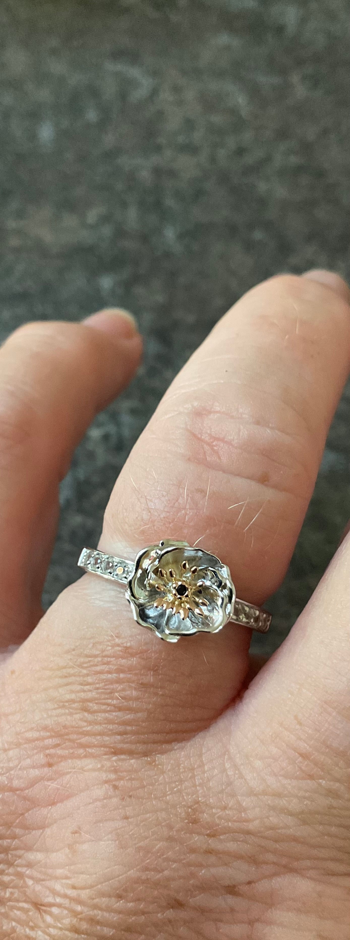 RARE Clogau Welsh Poppy black onyx and white topaz ring size P silver and rose gold