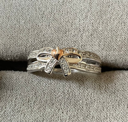 Clogau White Topaz Tree of Life Bow ring size P silver and rose gold