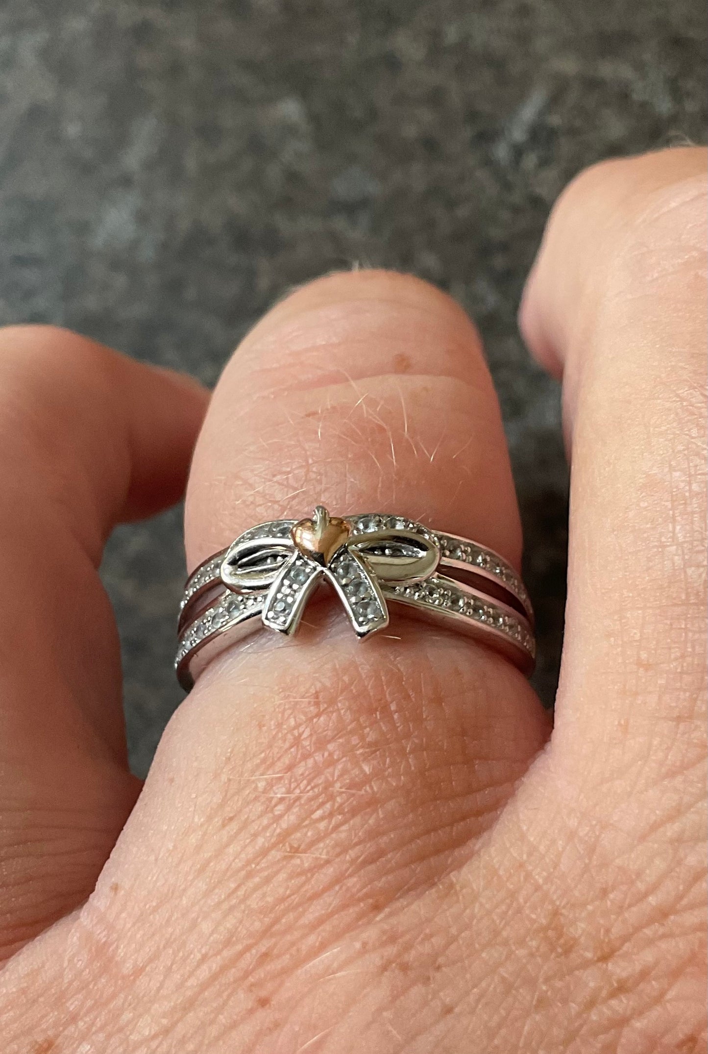 Clogau White Topaz Tree of Life Bow ring size P silver and rose gold