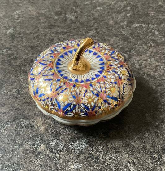 Vintage Thai Benjarong Pumpkin shape lidded trinket pot handmade ceramic hand painted porcelain decorative storage dish