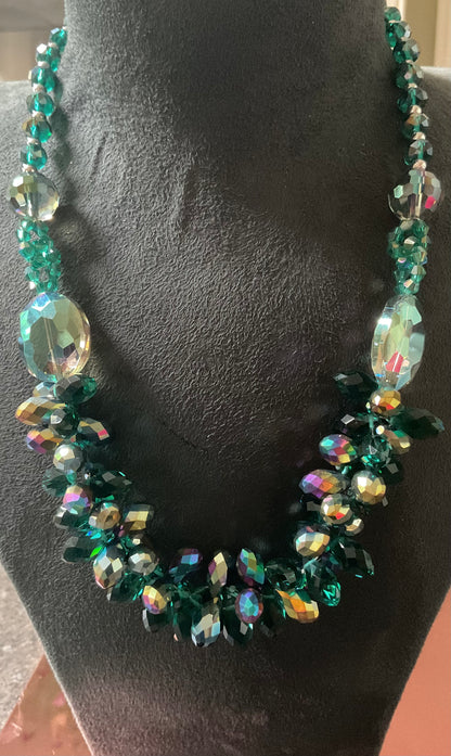 Butler and Wilson Green Crystal necklace with magnetic clasp 52cm various shape aurora borealis coating